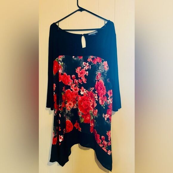KATE MALLORY Woman Plus Size 2x Pretty Black Floral Tunic Flowy Long Sleeve - Picture 2 of 4